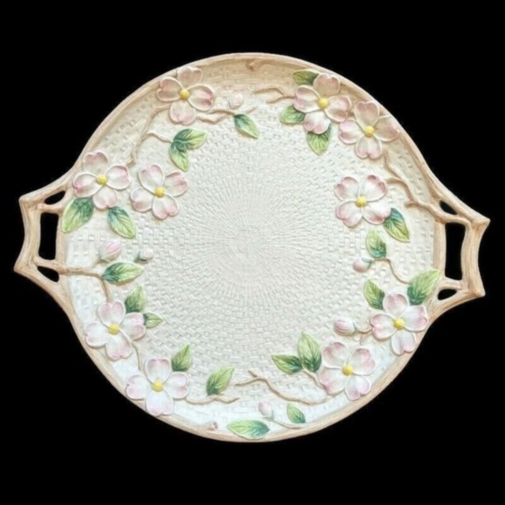 Fitz & Floyd Platter Bluebirds Pattern 14" Round Tray Dogwood Blossoms 1990